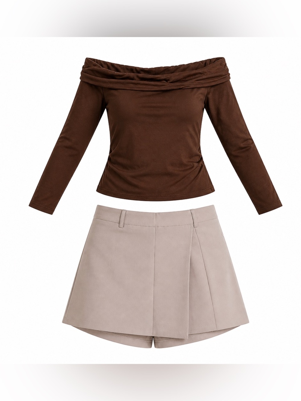 Women’s Outfit Set Brown Off-Shoulder Top with Taupe Skort and Belt Size L